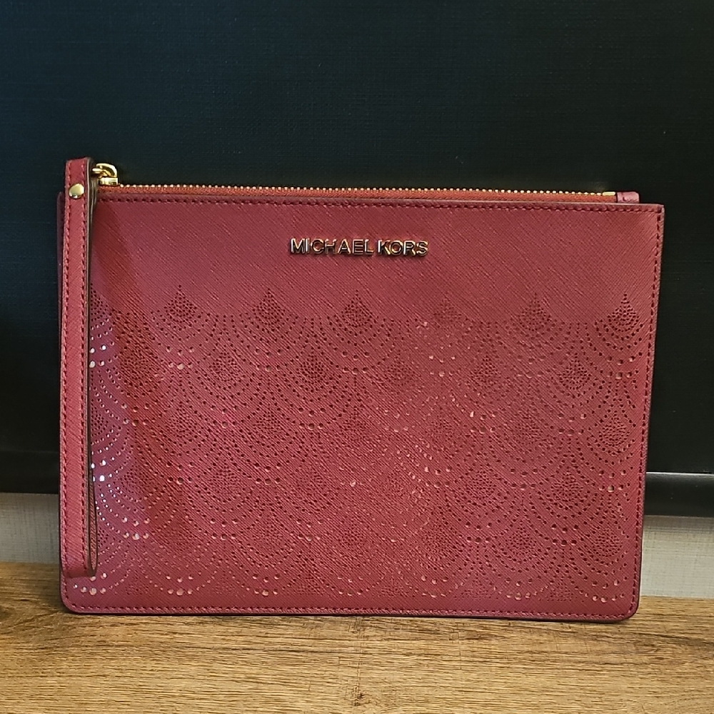 New Michael Kors Burgundy Laser-Cut Wristlet